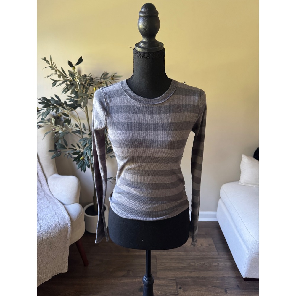 Hollister Grey Striped Ribbed Long Sleeve Top Small Long Crew Neck Grunge